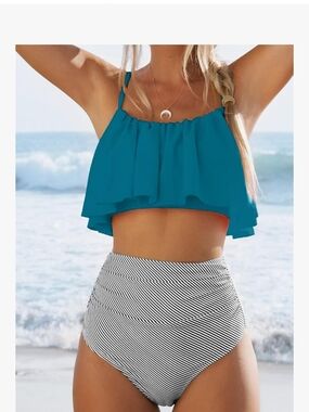Cupshe-Teal Ruffle Flounce Bikini Top with High-Waist Striped Bottoms